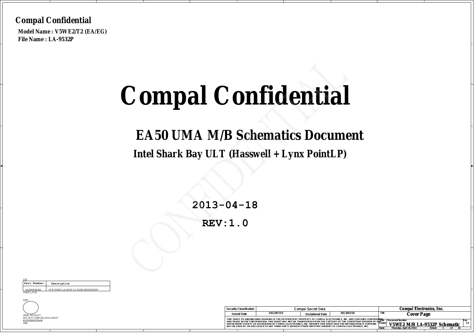 Compal LA-9532P V5WE2 EA50 UMA, Aspire E1-532, EasyNote TE69HW, LA-9532P V5WT2 (EA, EG) EA50 UMA Schematic