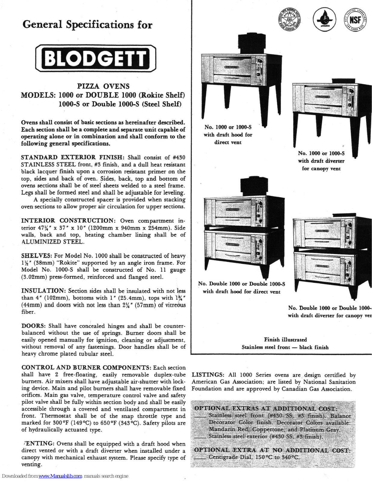 Blodgett Double 1000, Double 1000-S Specification Sheet