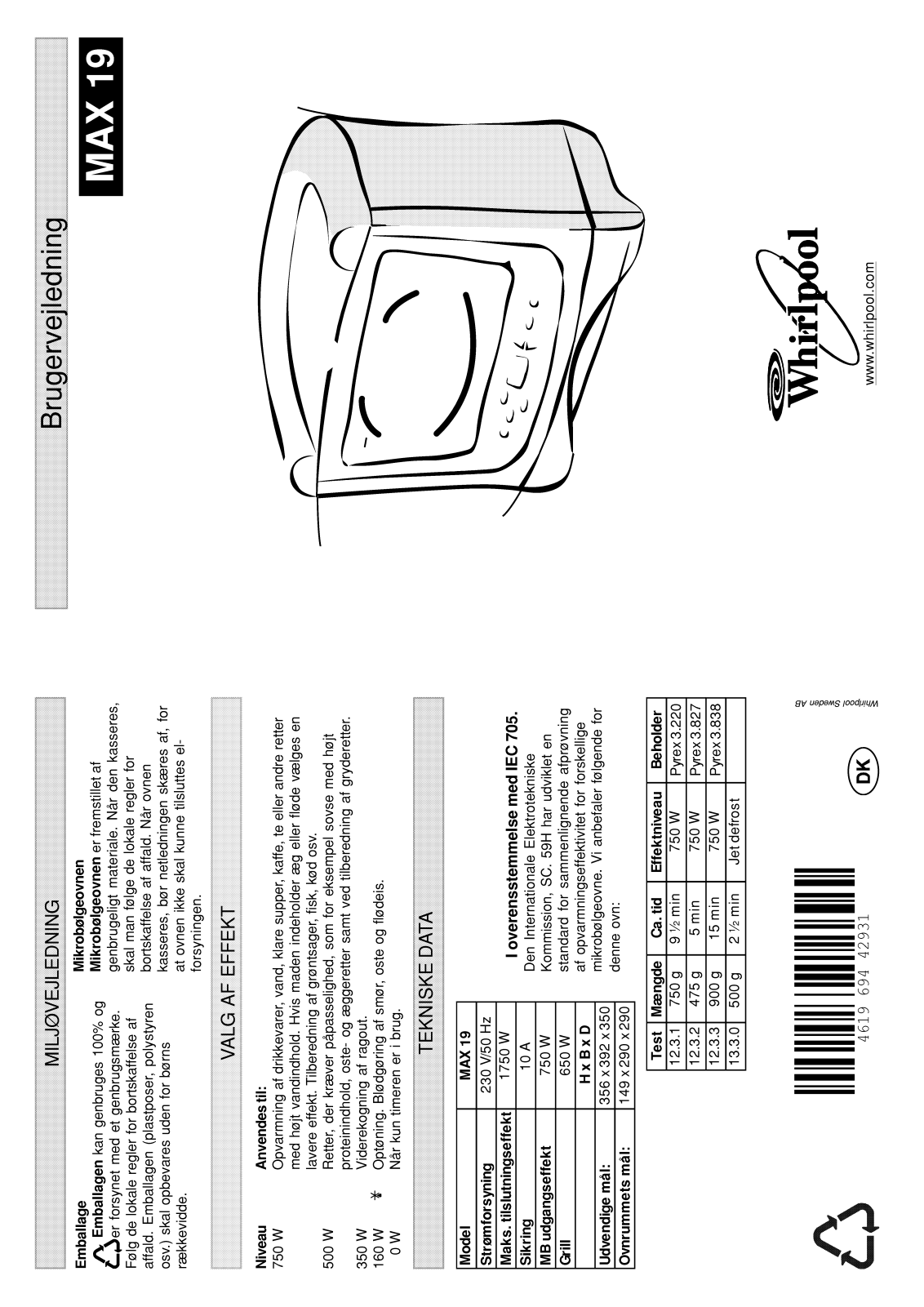 Whirlpool MAX 19/AW/2, MAX 19/2/AB, MAX 19/AW User Manual