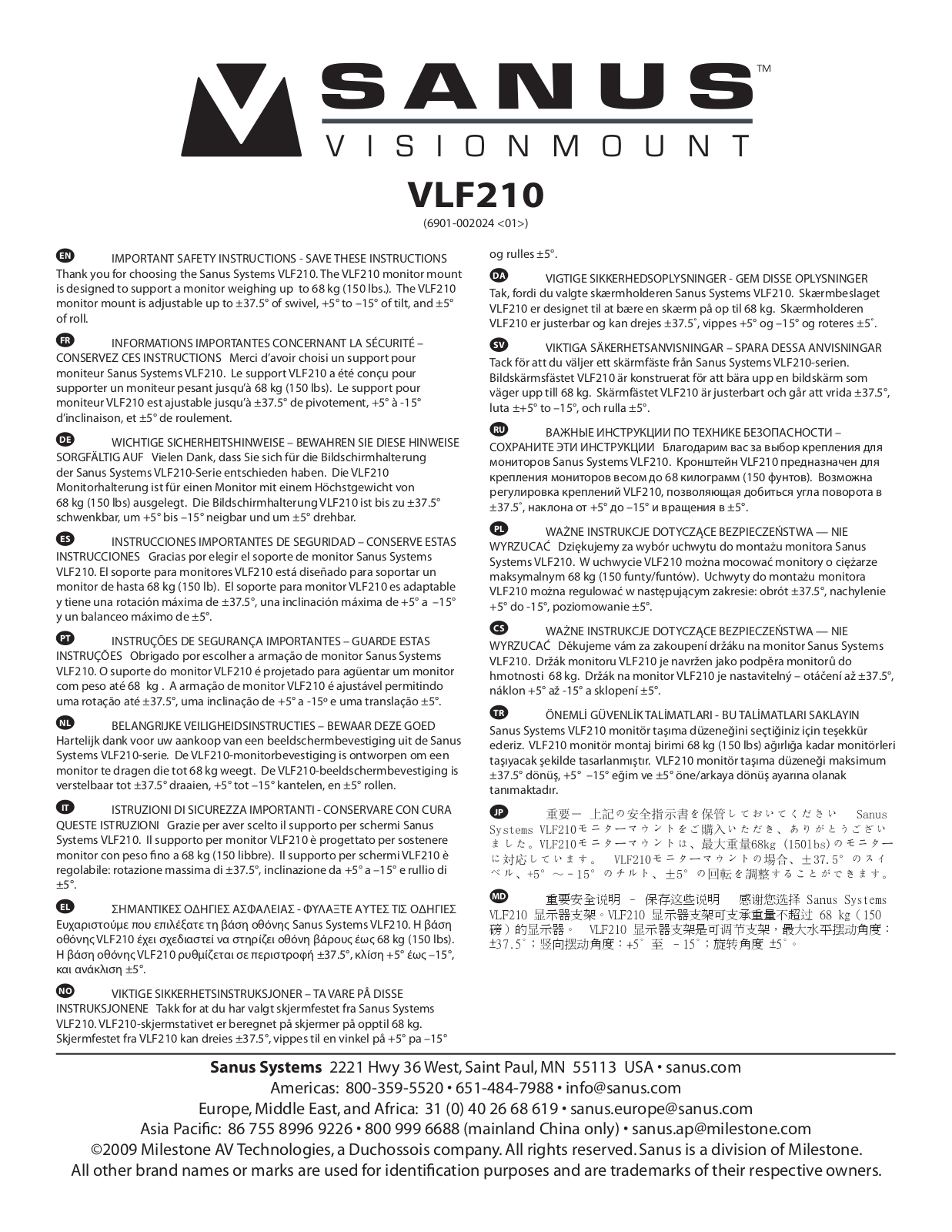 Sanus Systems 6901-002024, VLF210 User Manual