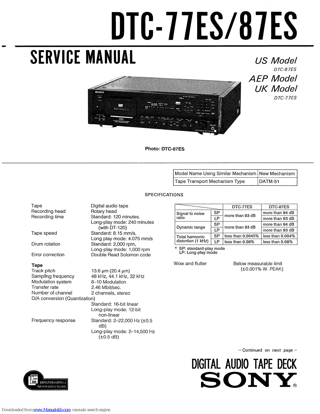 Sony DTC-77ES,DTC-87ES Service Manual