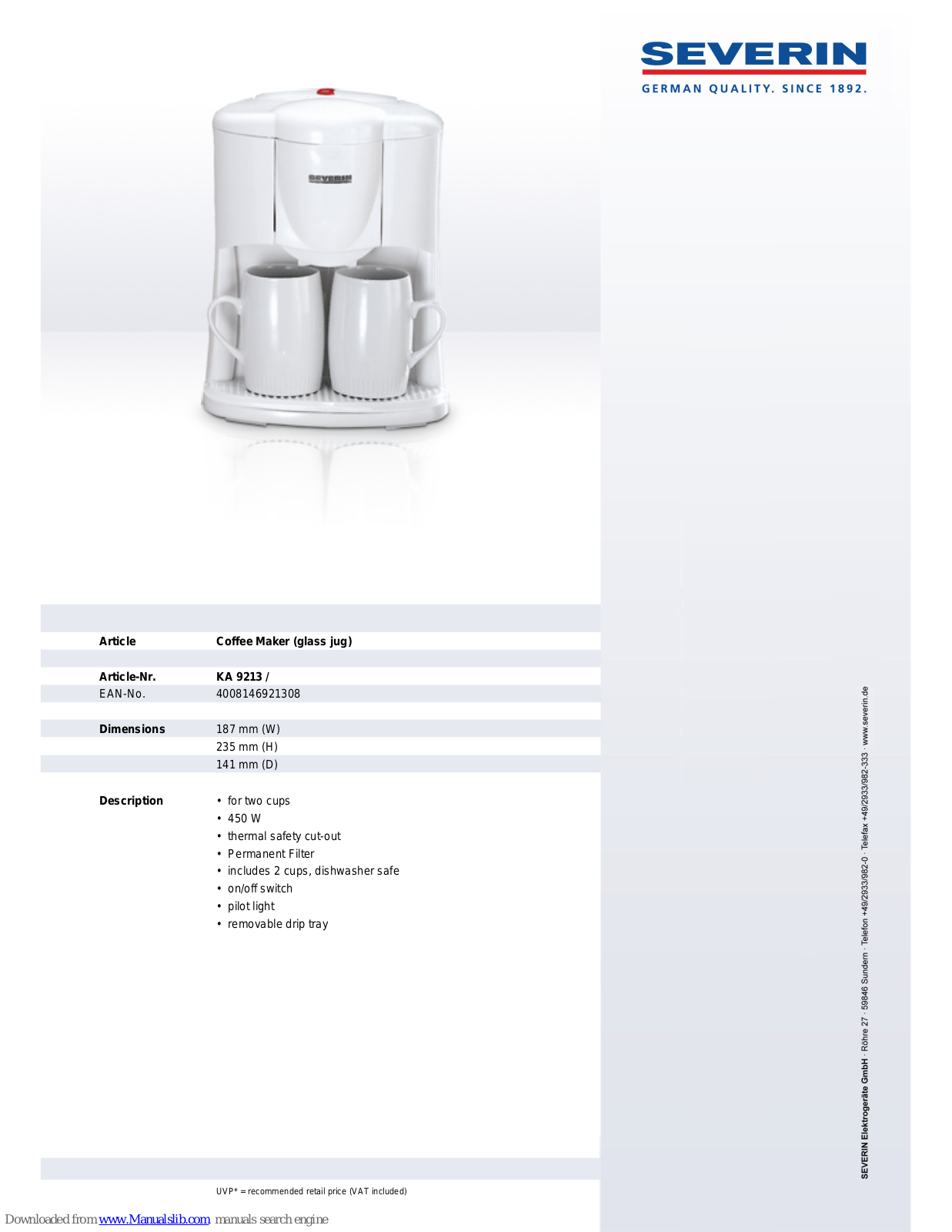 SEVERIN ZWEI-TASSEN-KAFFEEAUTOMAT KA 9213,KA 9213 Dimensions