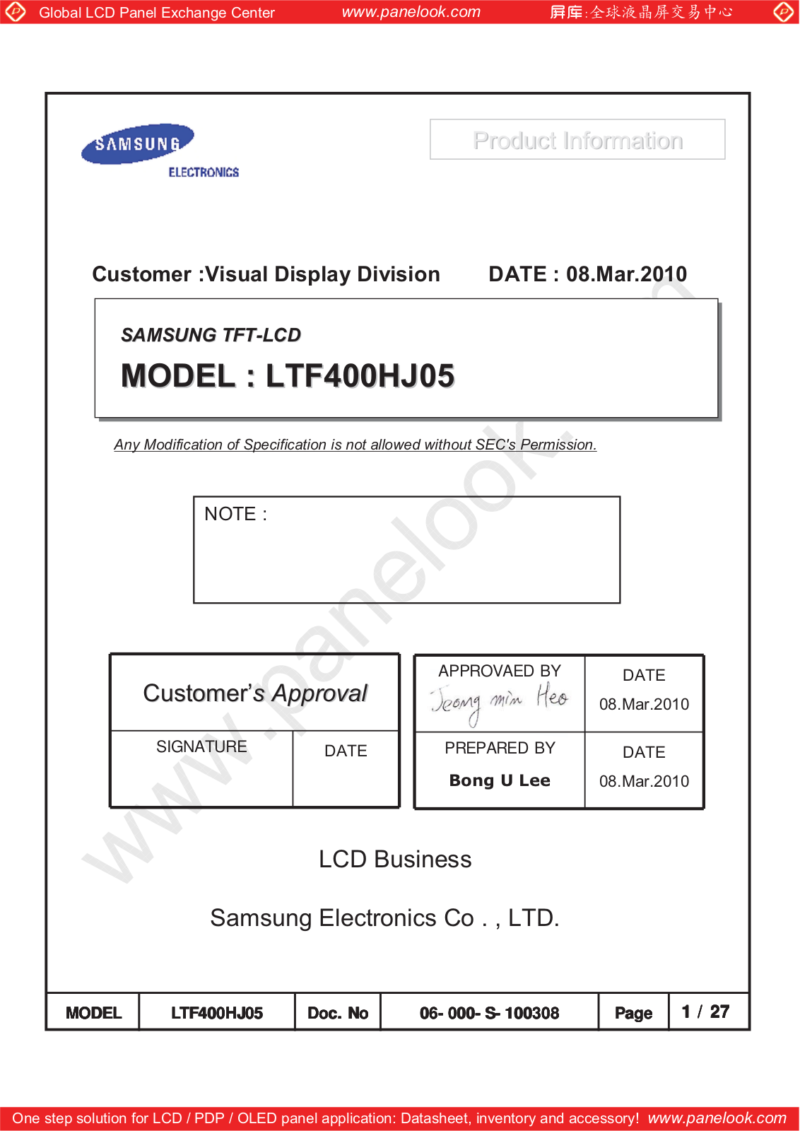 SAMSUNG LTF400HJ05 Specification