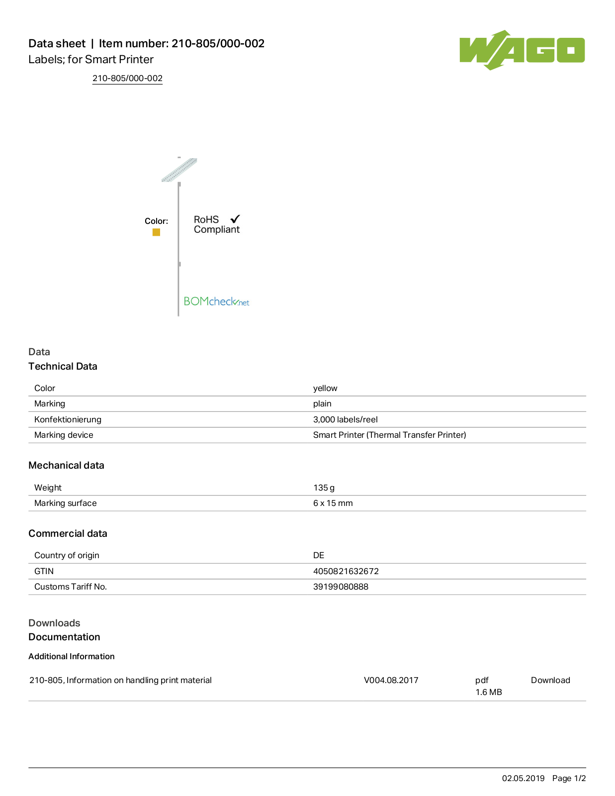 Wago 210-805/000-002 Data Sheet