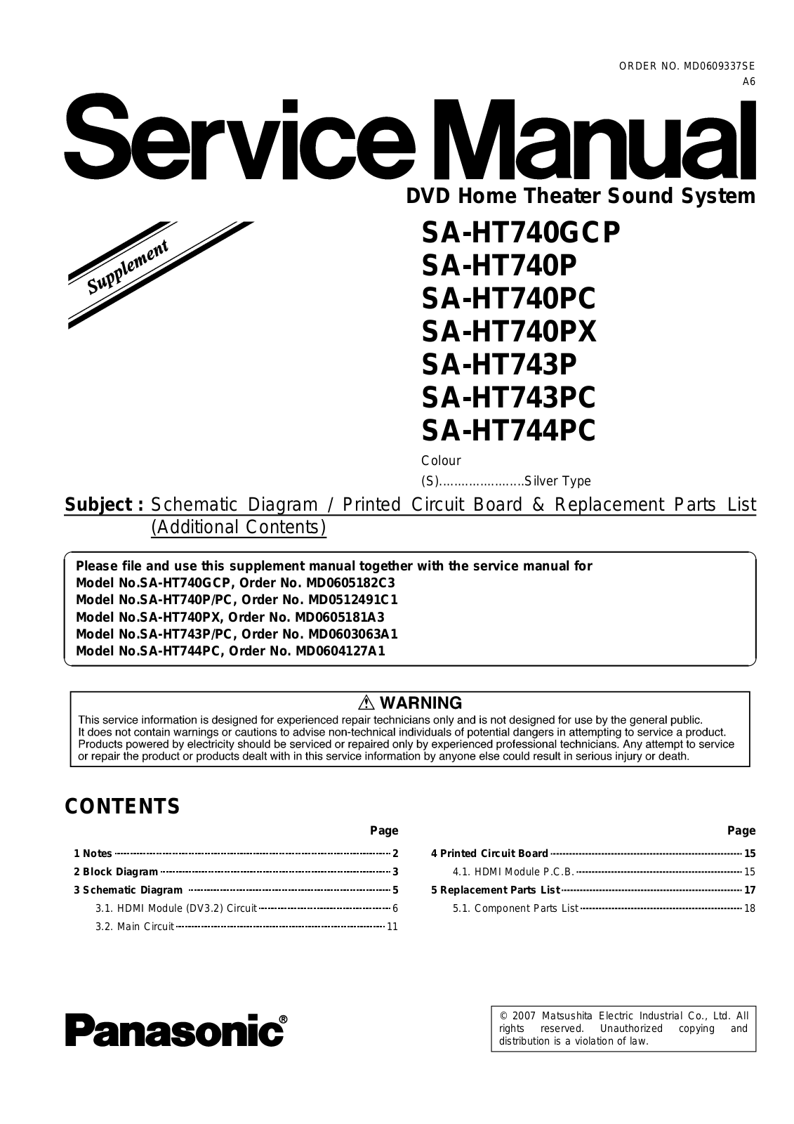 Panasonic SAHT-740-GCP, SAHT-740-P, SAHT-740-PX, SAHT-740-PC, SAHT-743-PC Service manual