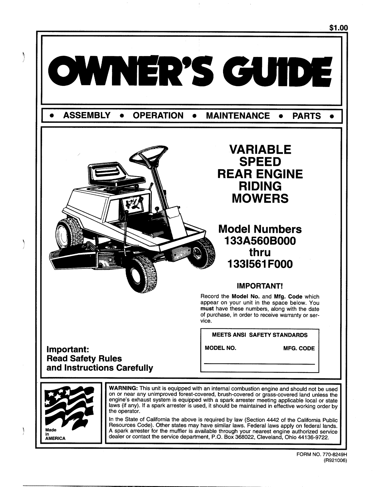 MTD 133I561F000, 133A560B00 User Manual