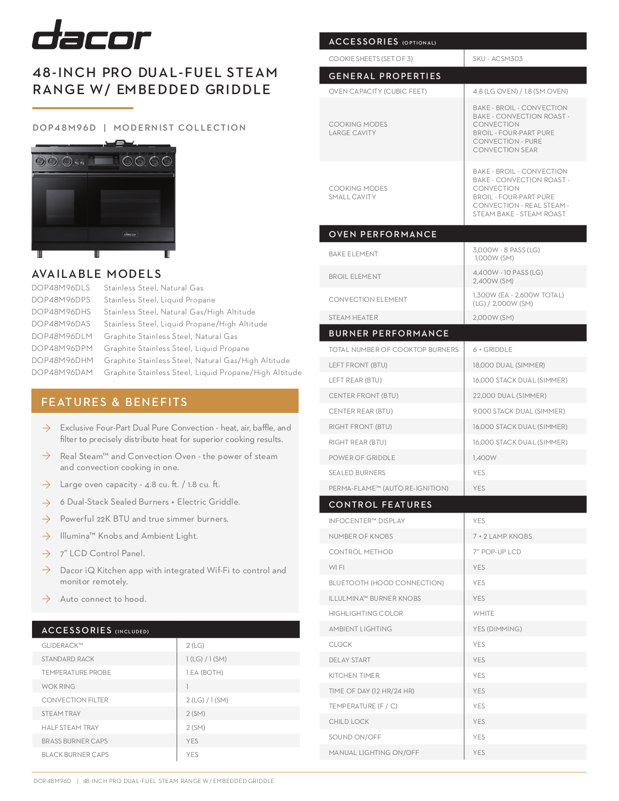 Dacor DOP48M96DAM, DOP48M96DPM, DOP48M96DLM, DOP48M96DLS, DOP48M96DPS Specifications