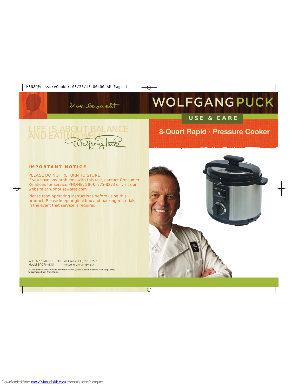 Wolfgang Puck BPCRM800 User Manual