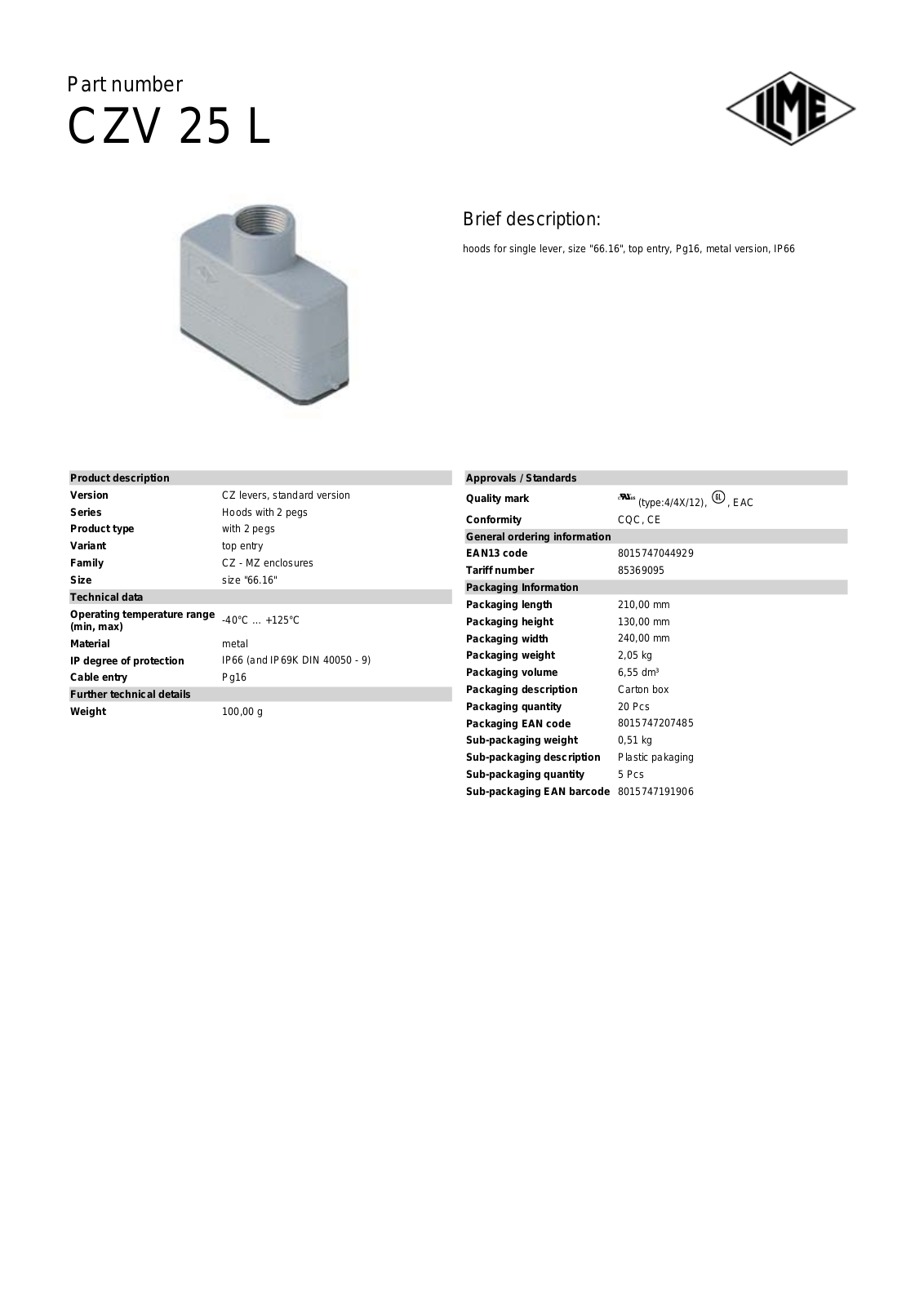 ILME CZV-25L Data Sheet