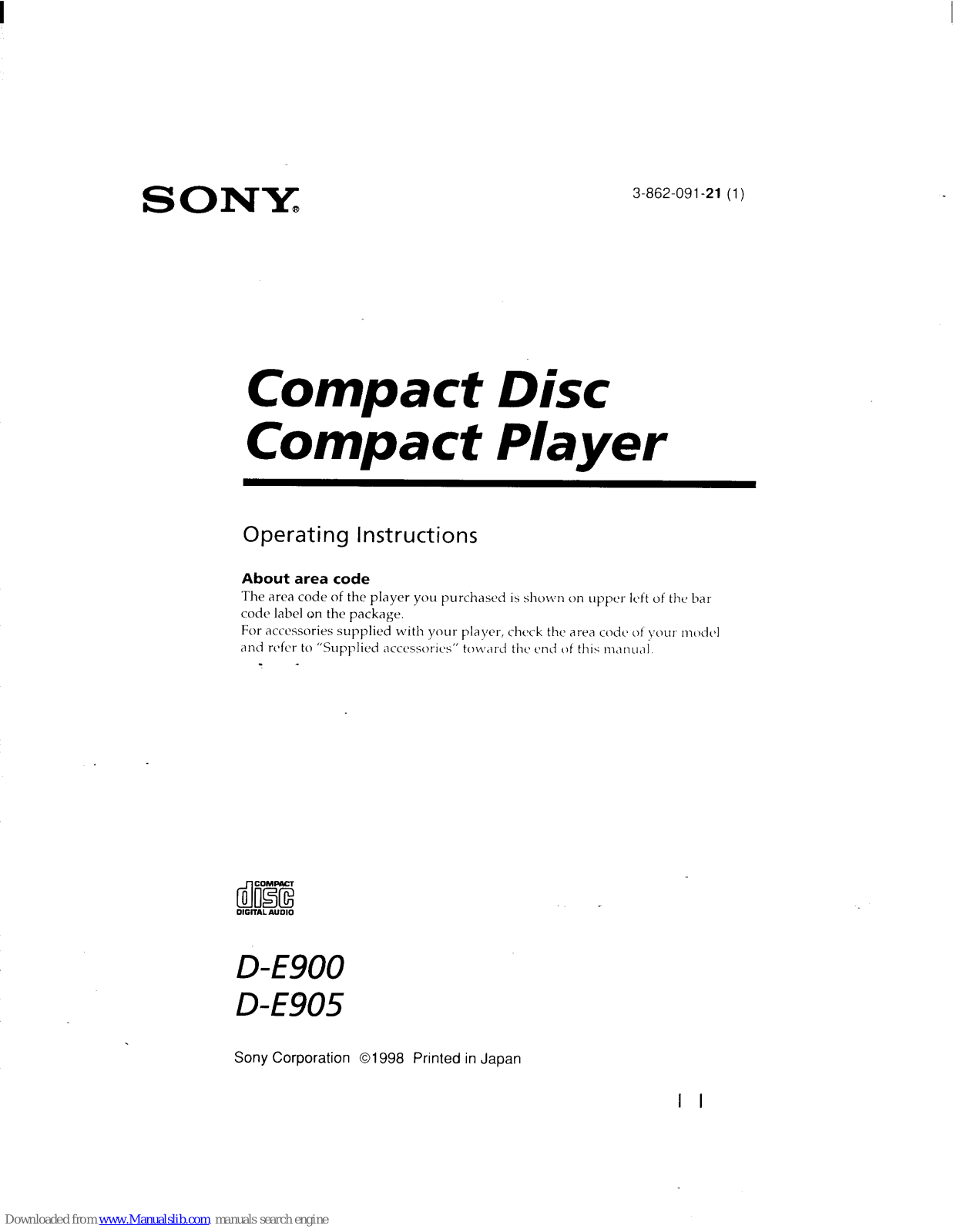 Sony D-E905 Operating Instructions (primary manual), D-E900 Operating Instructions Manual