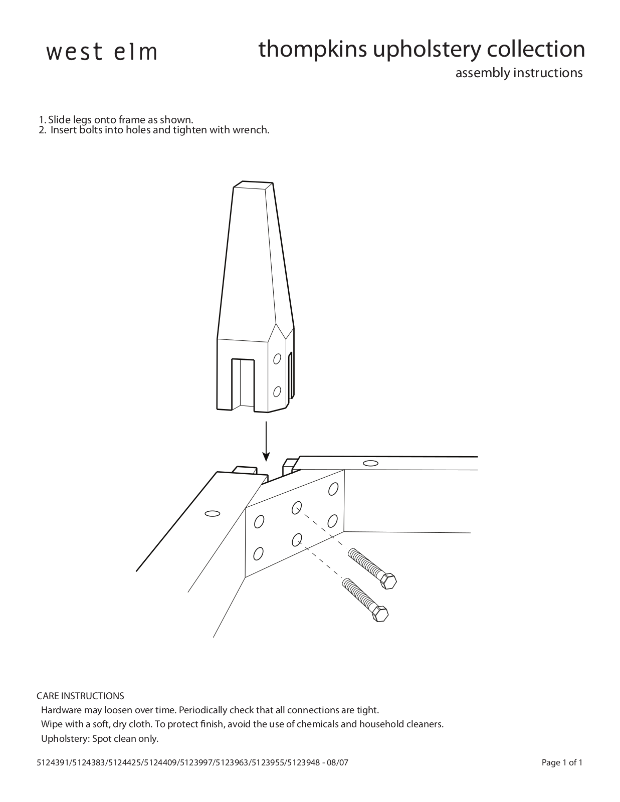 West Elm Thompkins Upholstery Collection Assembly Instruction