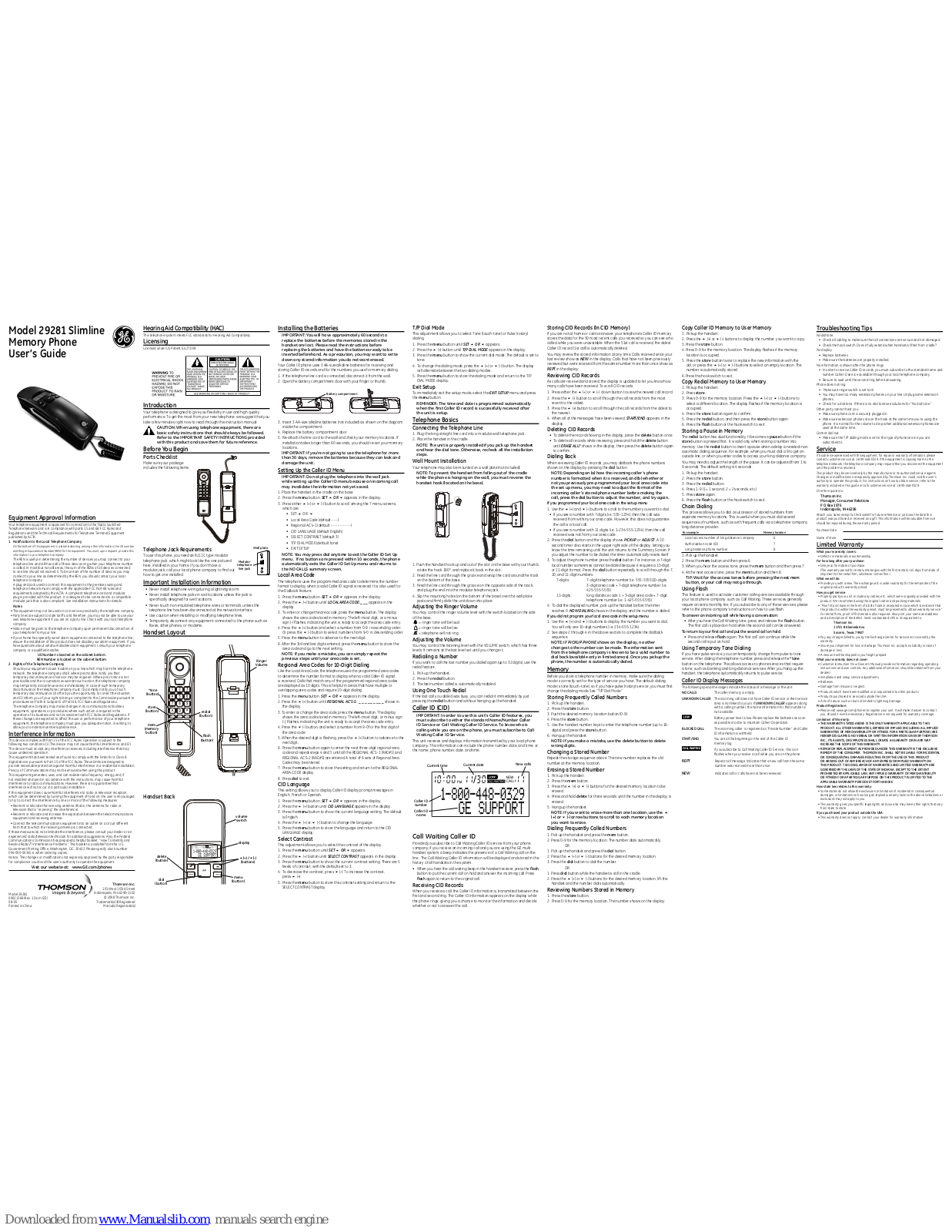 GE Slimline 00021389, Slimline 29281 User Manual