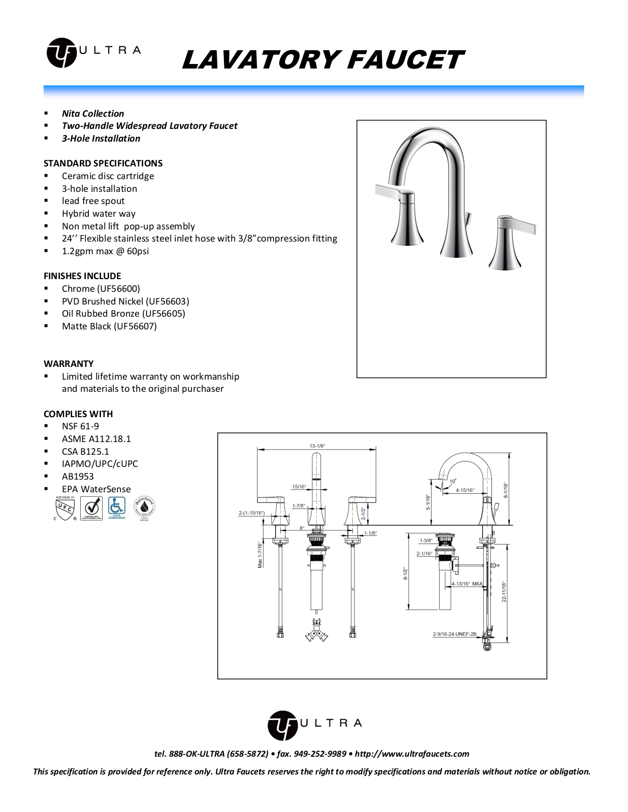 Ultra Faucets LTR10058 Specifications - ManualMachine.com