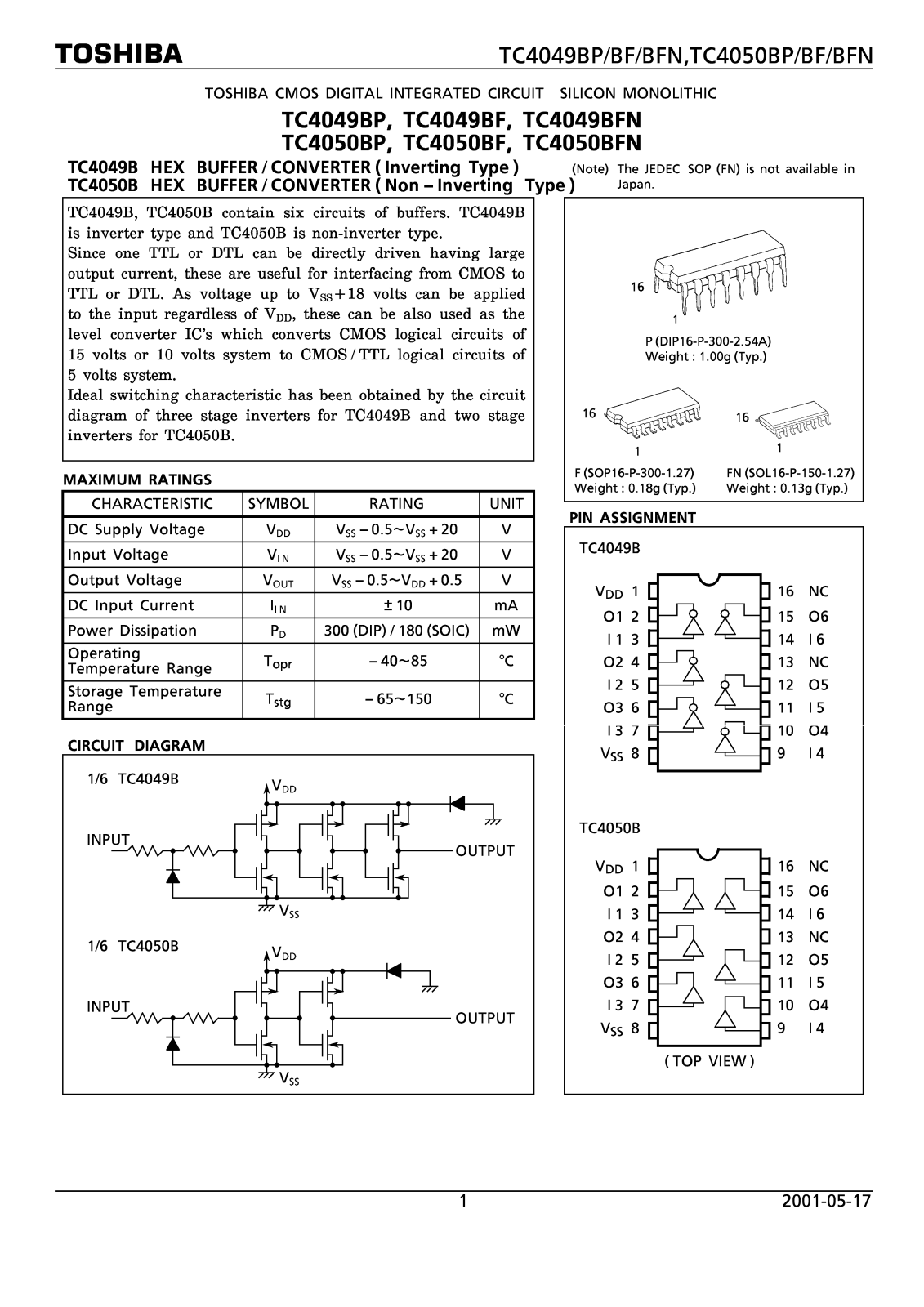 TOSHIBA ТС4049ВР, ТС4049ВF, ТС4049BFN, ТС4050ВР, ТС4050BF Datasheet