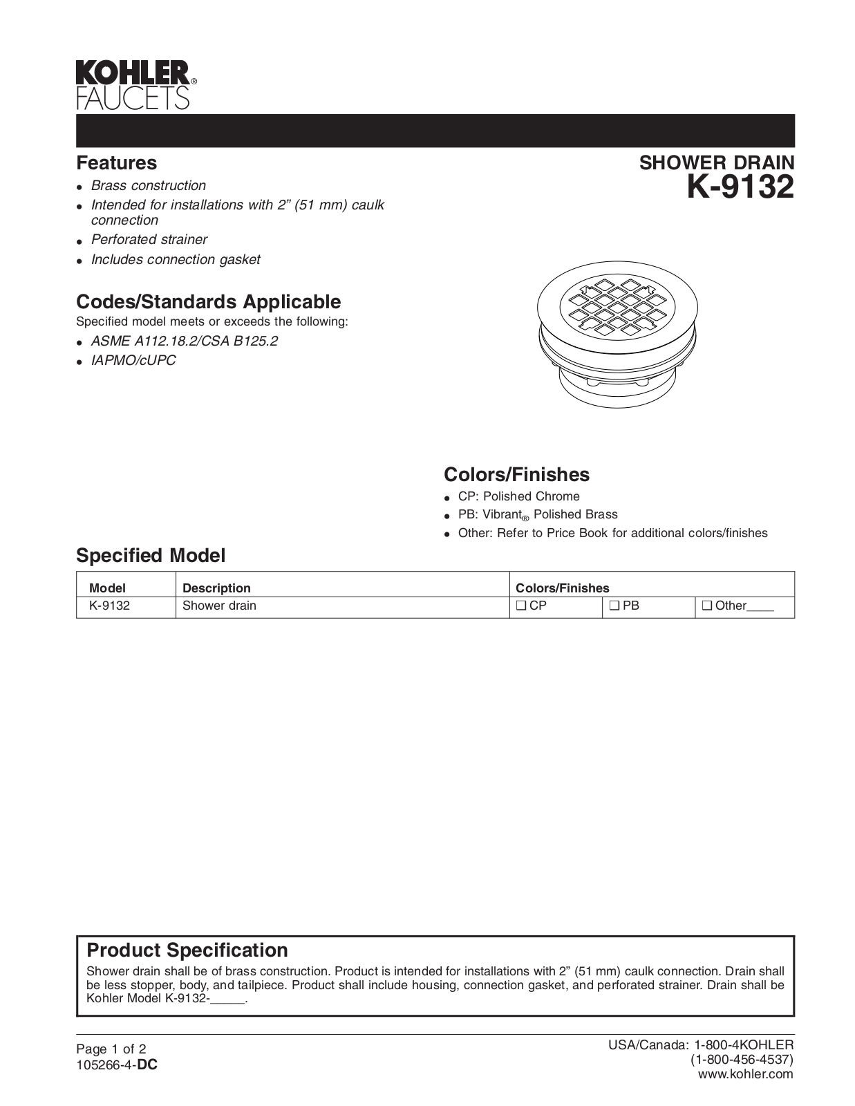 Kohler KOH7288 Specifications - ManualMachine.com