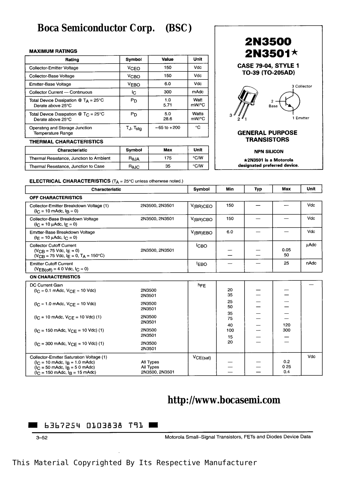 BOCA 2N3501, 2N3500 Datasheet