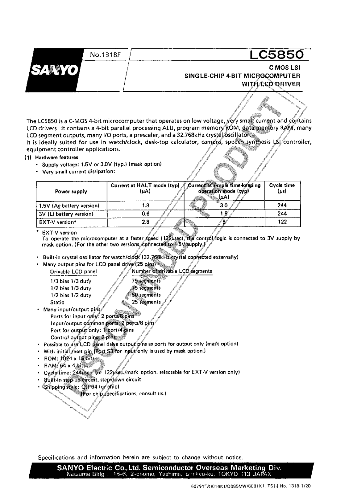 Sanyo LC5850 Specifications