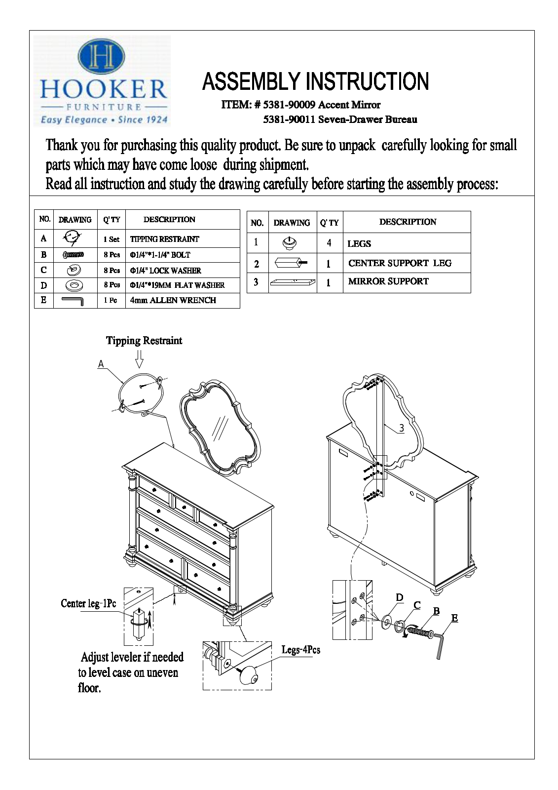 Hooker Furniture 538190011 Assembly Guide