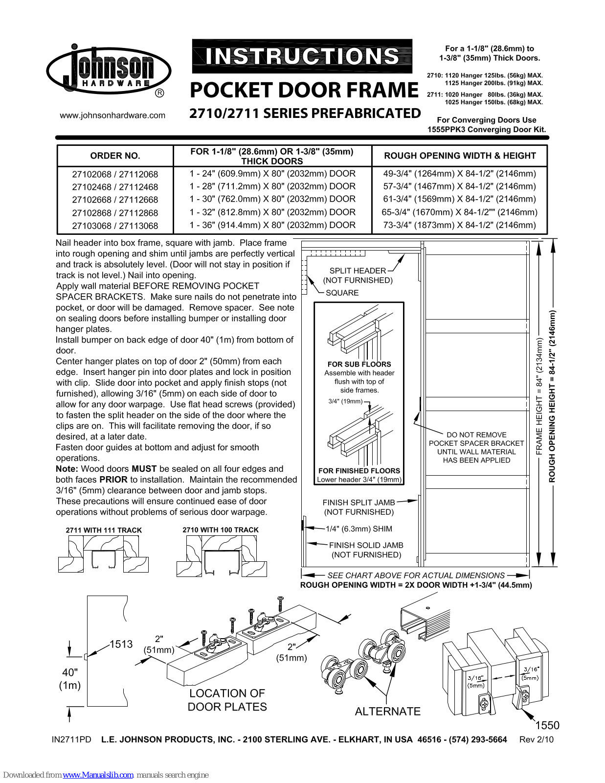 Johnson Hardware 2710 Series, 2711 Series, IN2711PD, 27102068, 27112068 Instructions Manual