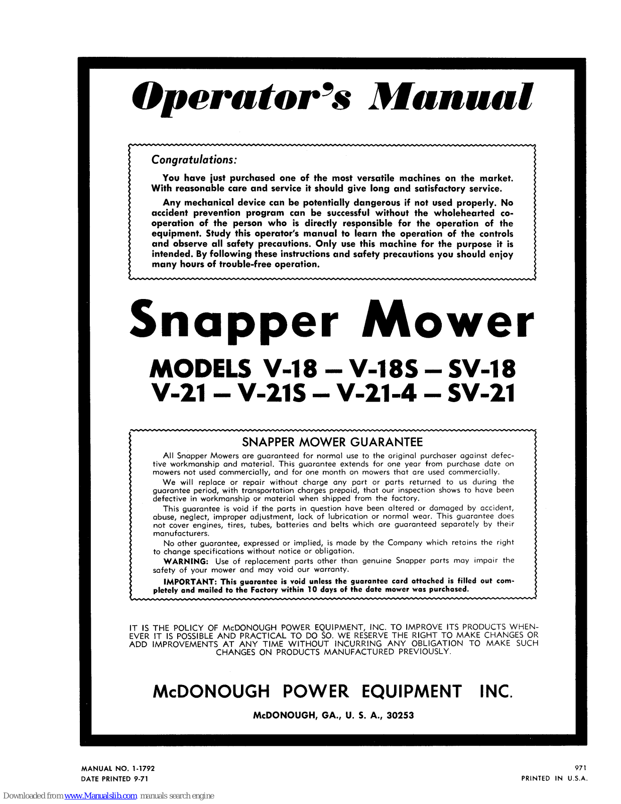 Snapper SV-18, SV-21, V-18, V-18s, V-21 Operator's Manual