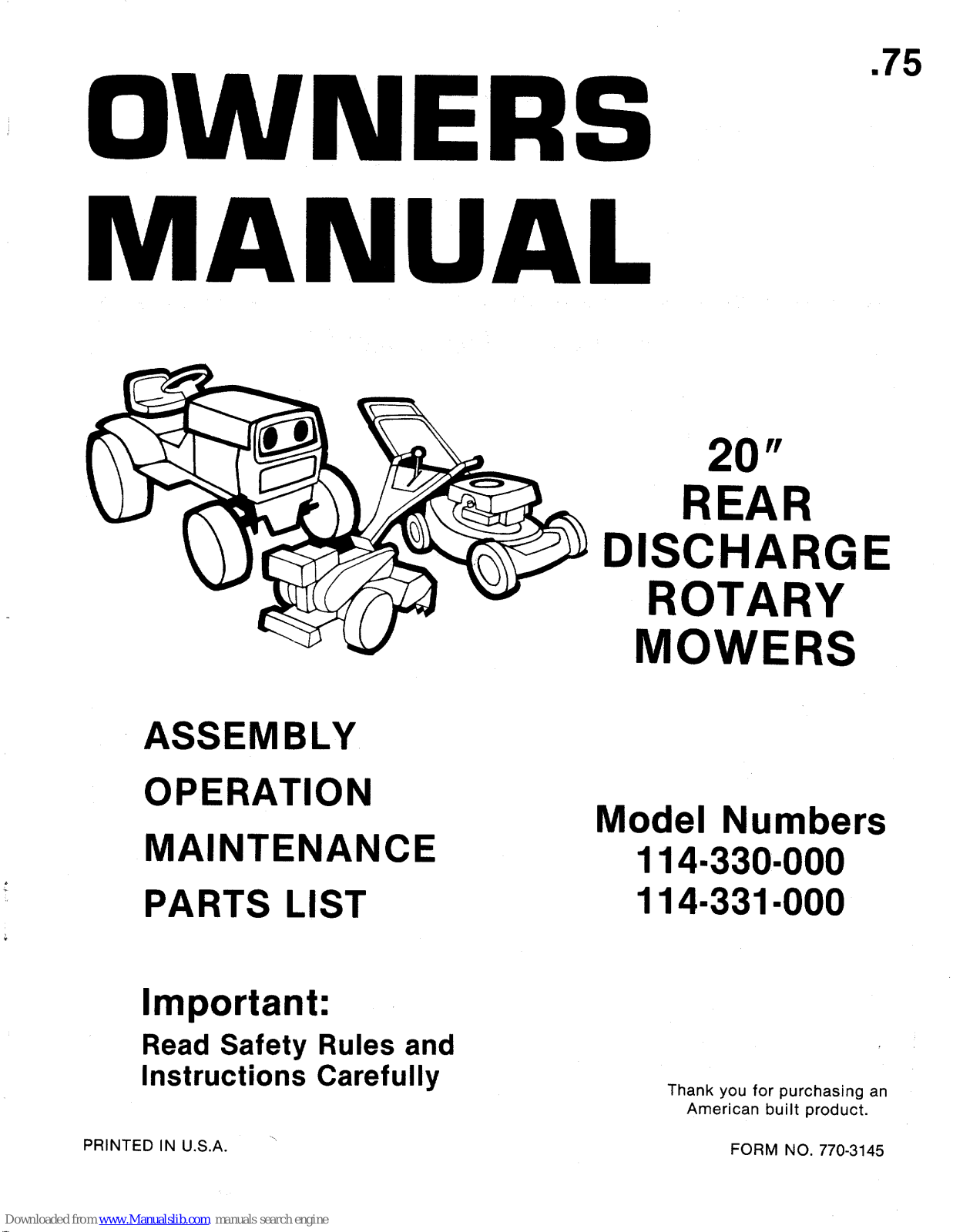 MTD 114-330-000, 114-331-000, 330, 331 Owner's Manual