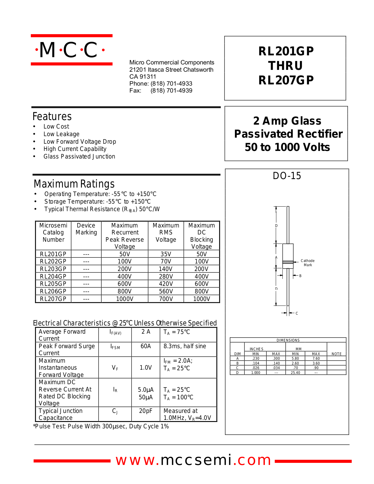 MCC RL204GP, RL203GP, RL205GP, RL202GP, RL207GP Datasheet