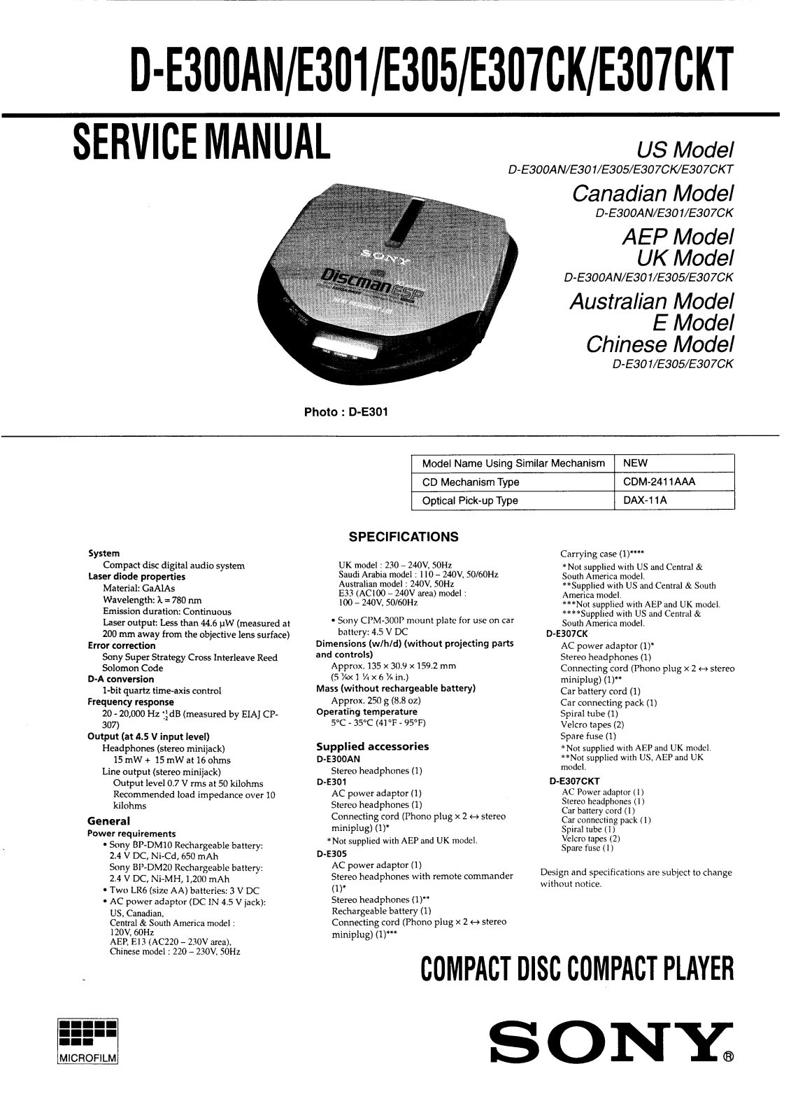 Sony DE-300-AN, DE-301, DE-307-CK, DE-305, DE-307-CKT Service manual