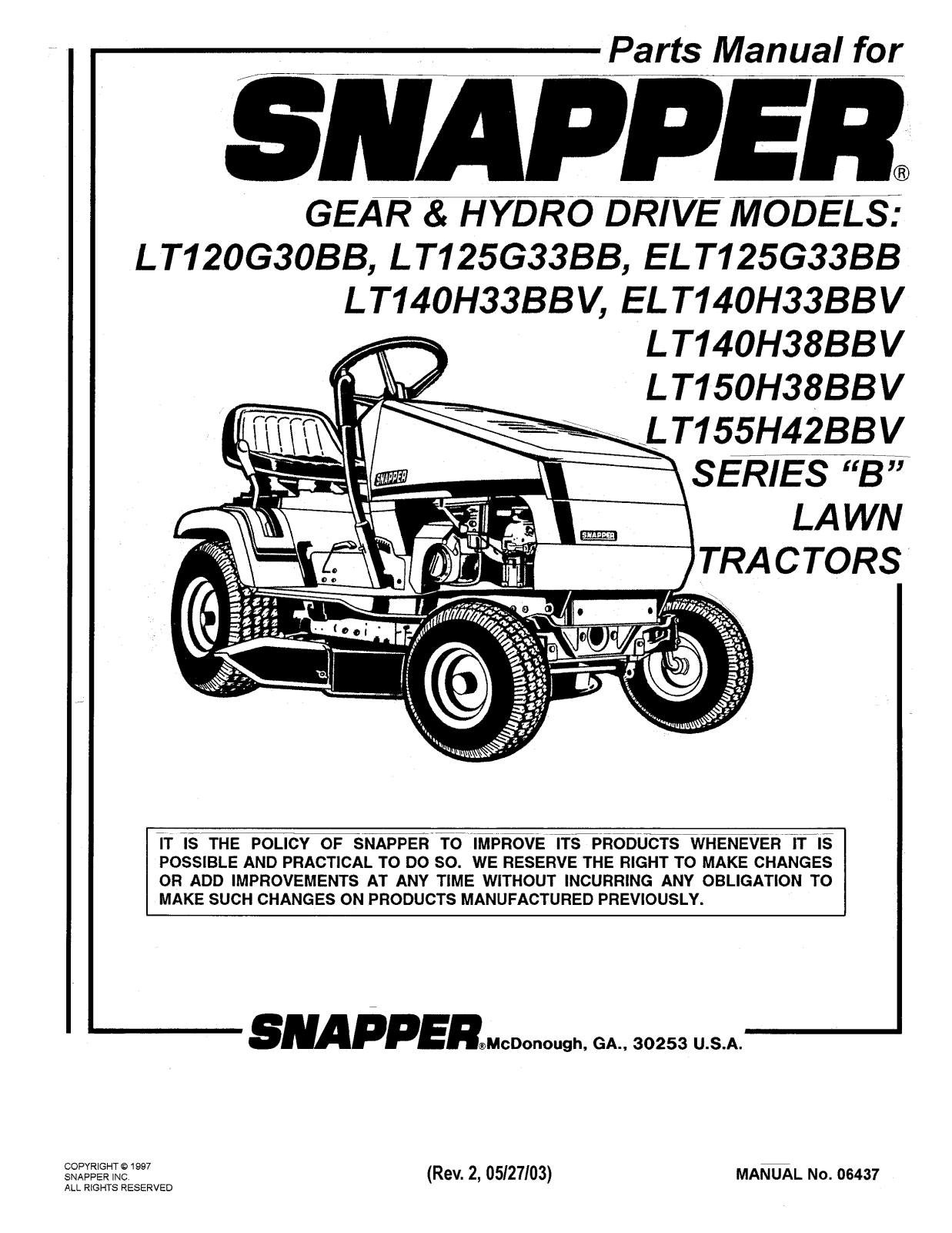 Snapper LT120G30BB, LT140H38BBV, LT140H33BBV, LT125G33BB, LT155H42BBV User Manual