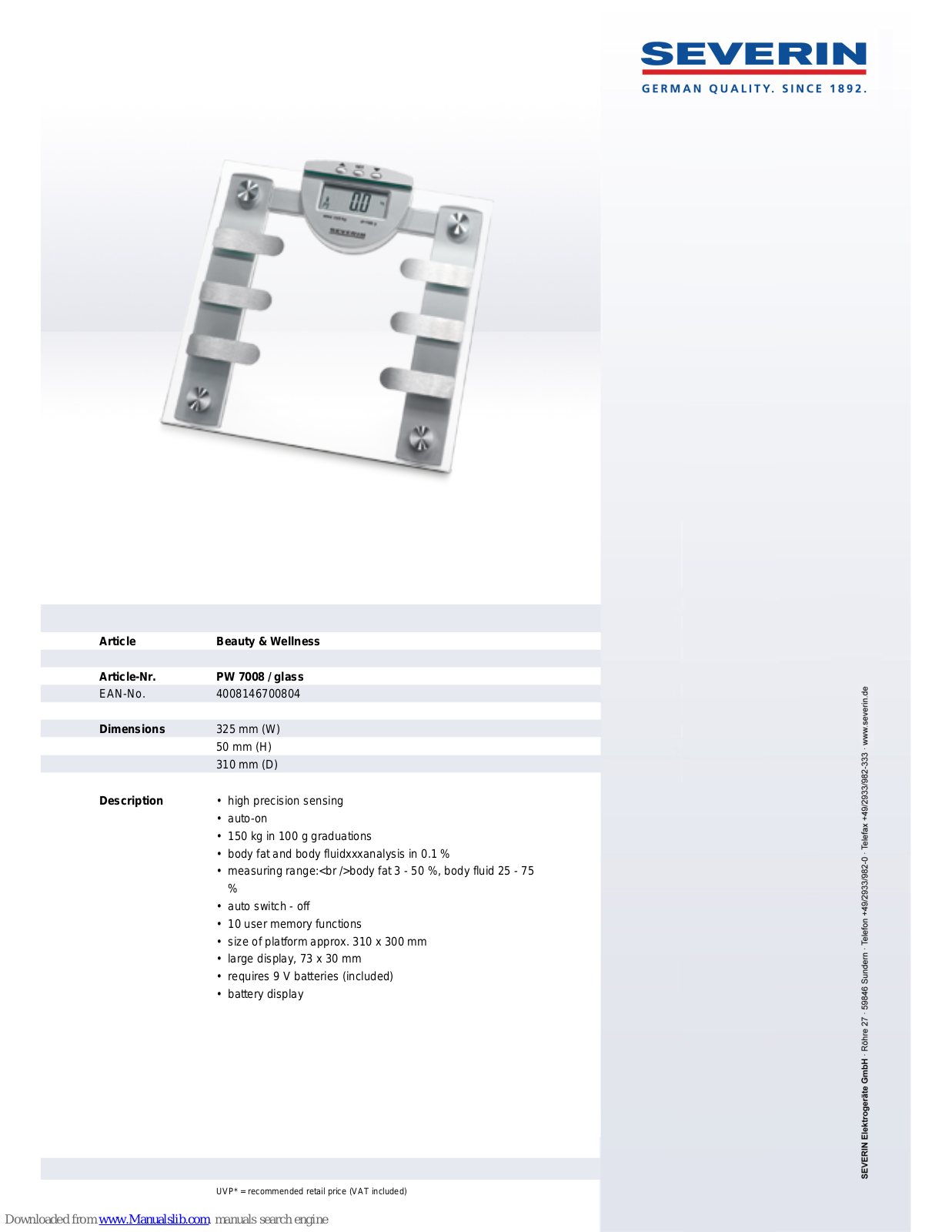 SEVERIN PW 7008,PW 7008 Dimensions