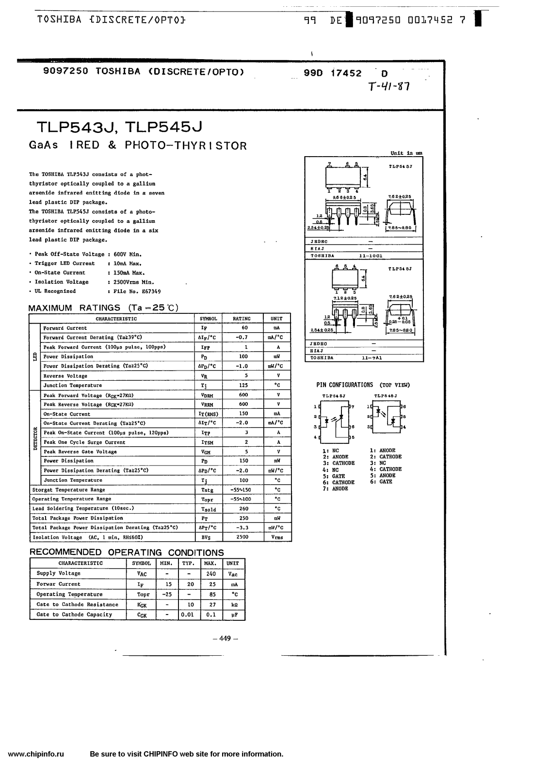 Toshiba TLP545J, TLP543J Datasheet