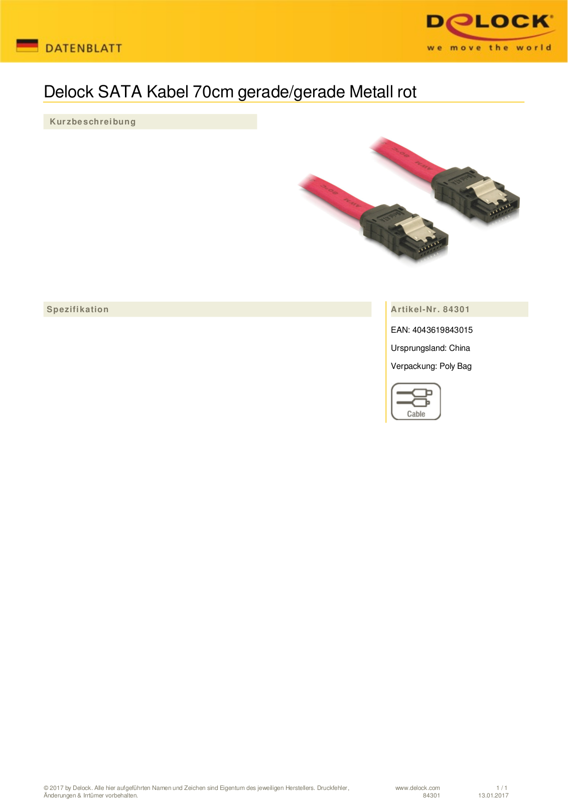 DeLOCK SATA cable red 0.7m with locking User Manual