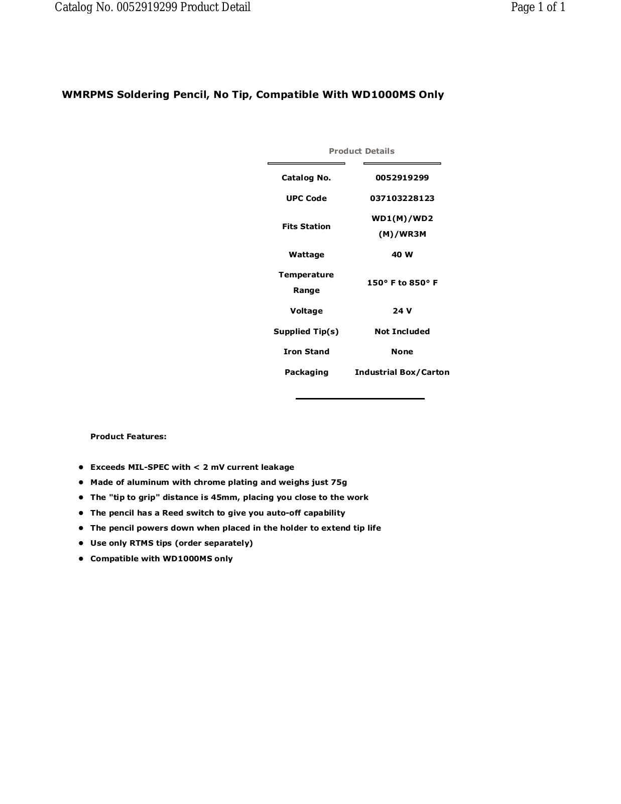 Weller - Apex Tool Group 0052919299 Data Sheet