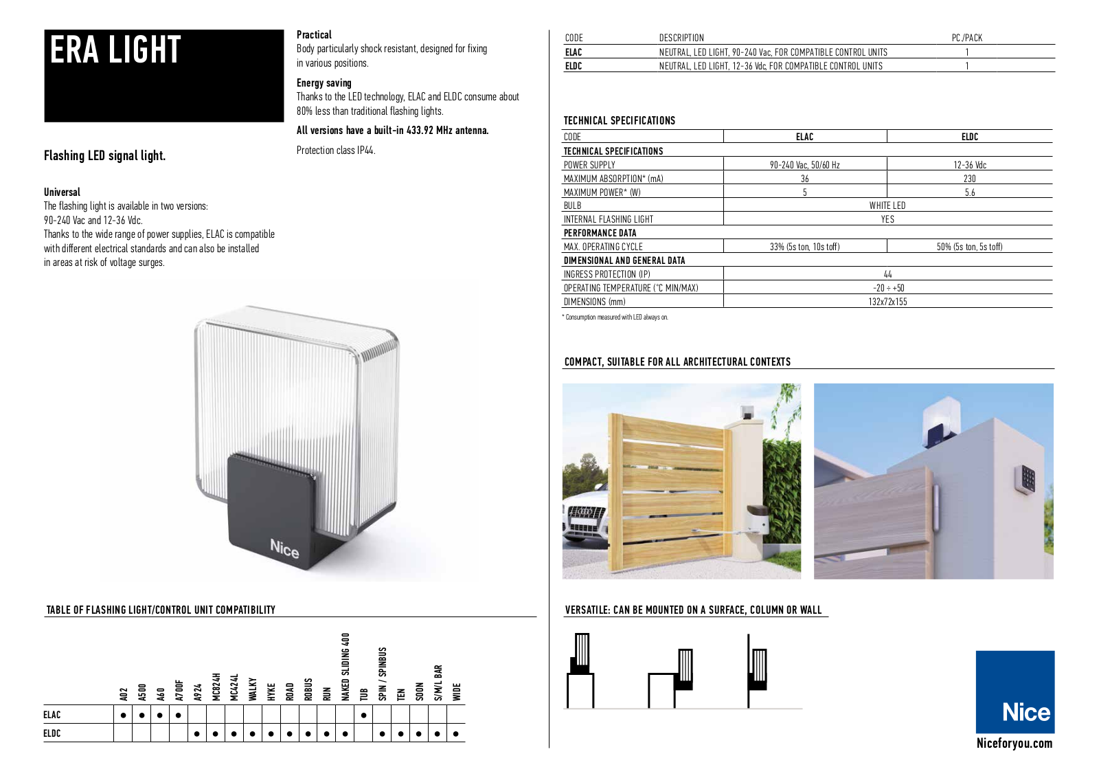 Nice Automation ELAC, ELDC Technical data