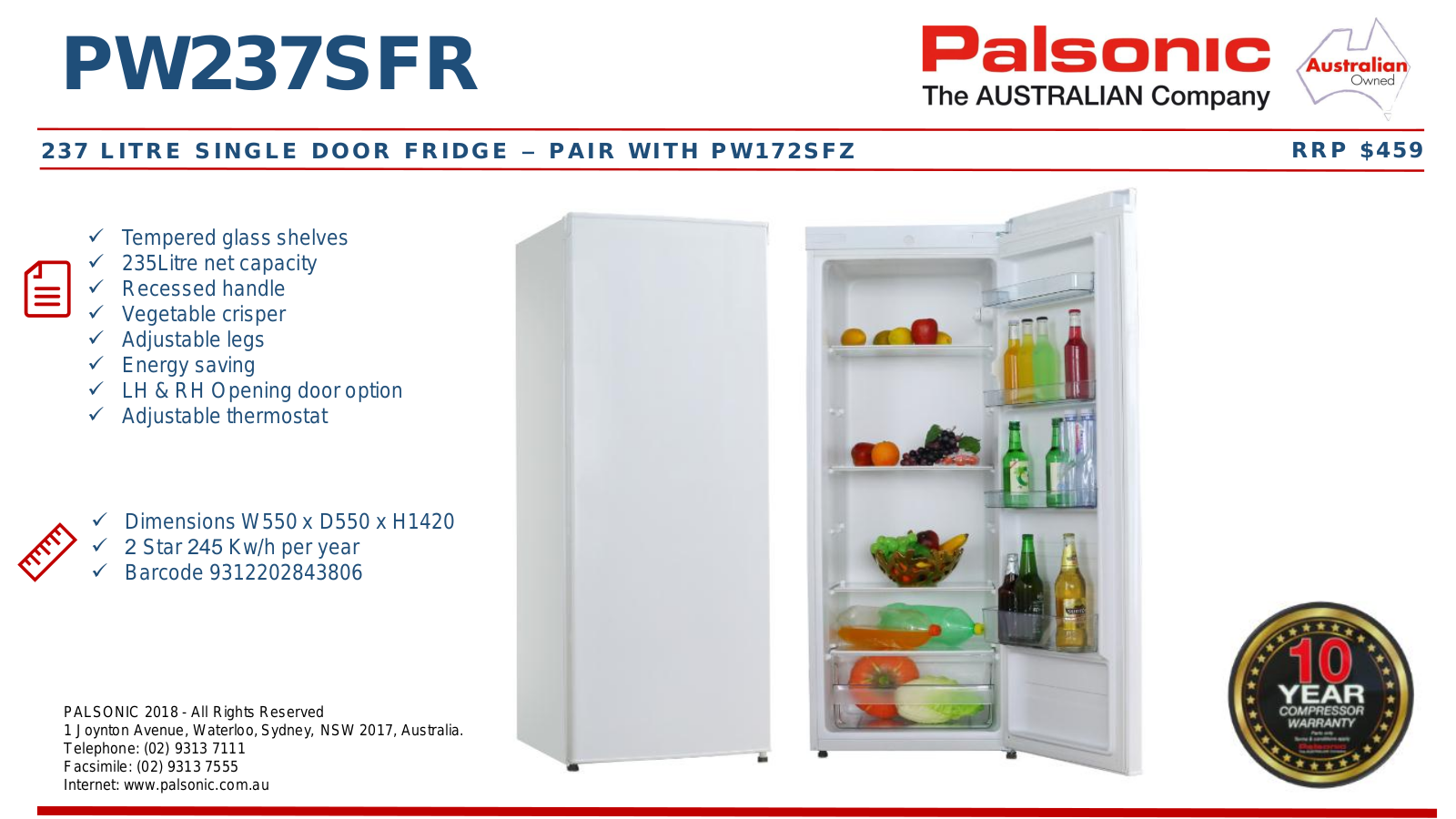 Palsonic PW237SFR Specifications Sheet