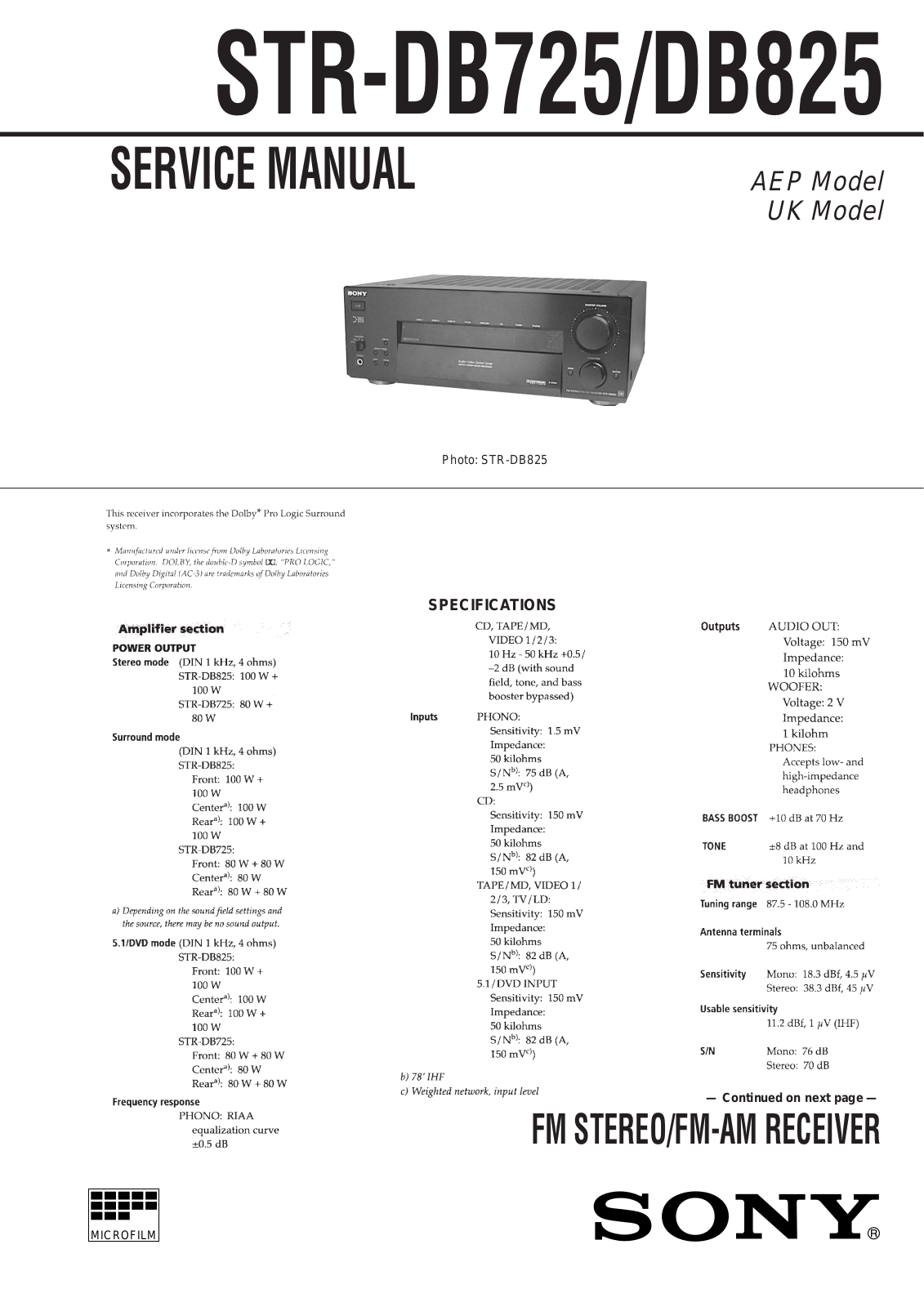 Sony STR-DB725, STR-DB825 Service Manual