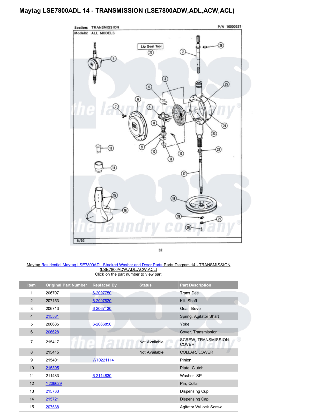 Maytag LSE7800ADL Stacked and Parts Diagram