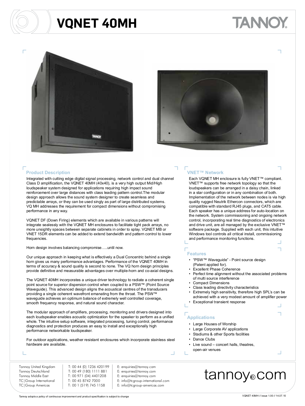 Tannoy VQNET 40MH Specification Sheet, English