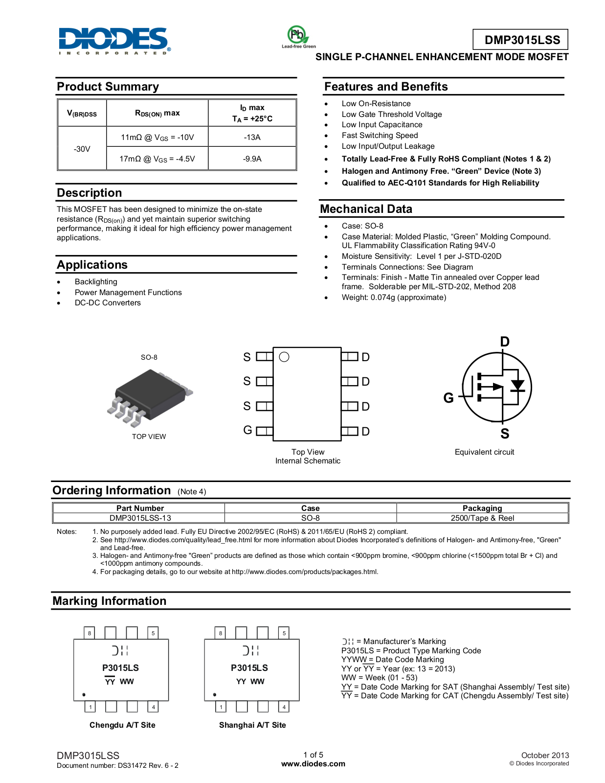 Diodes DMP3015LSS User Manual