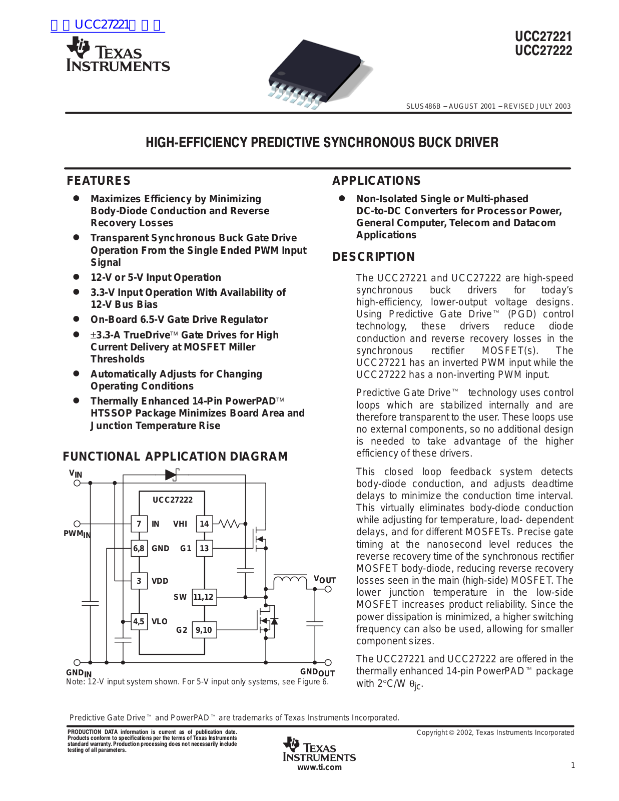 TEXAS INSTRUMENTS UCC27221, UCC27222 Technical data