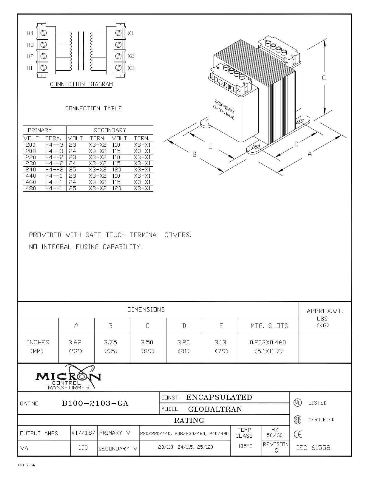 Micron Industries B100-2103-GA Specification Sheet