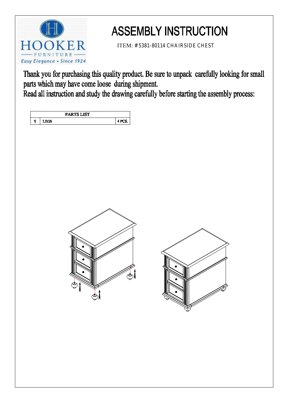 Hooker Furniture 538180114 Assembly Guide