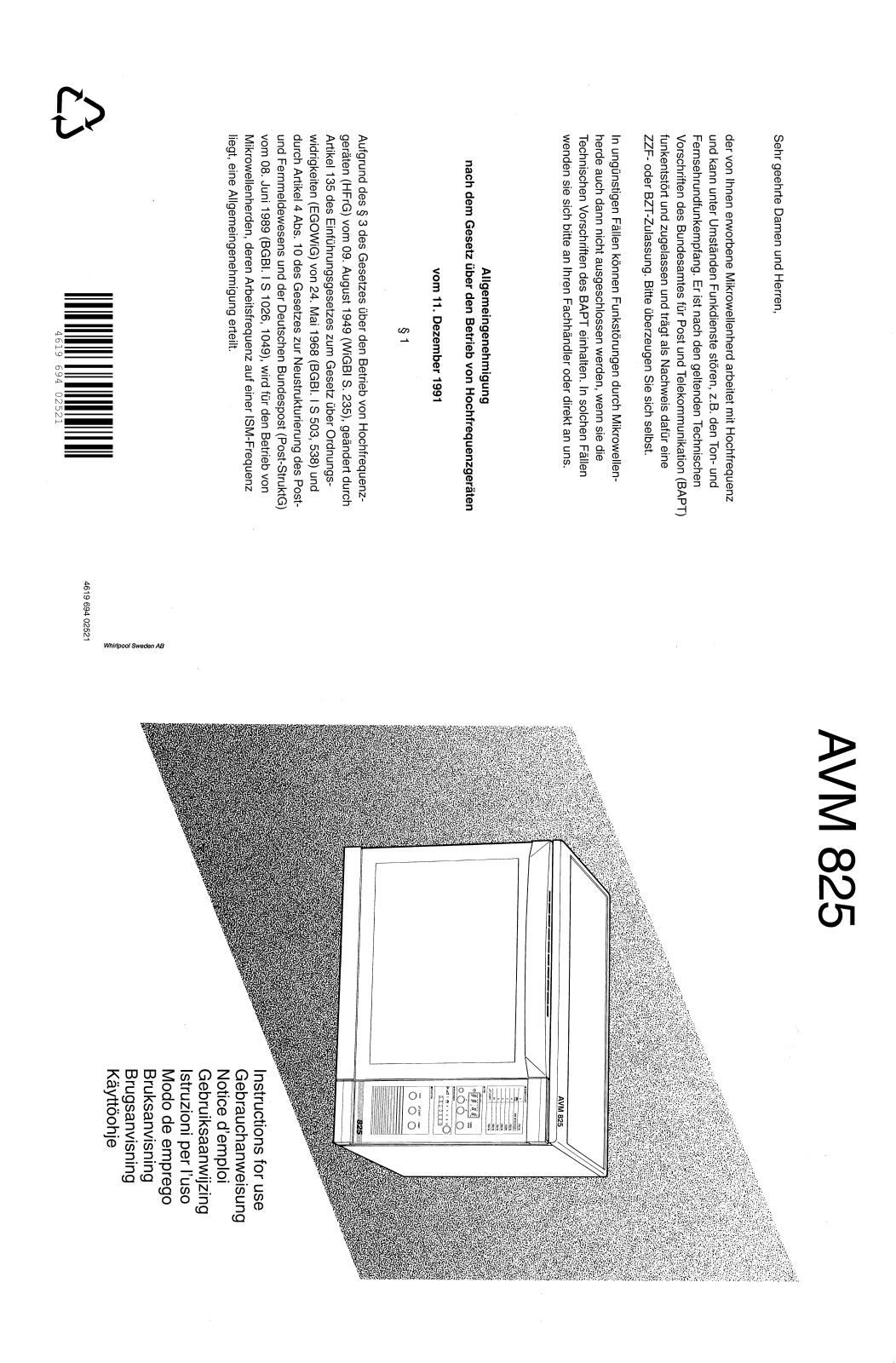 Whirlpool PROMICRO 825 INSTRUCTION FOR USE