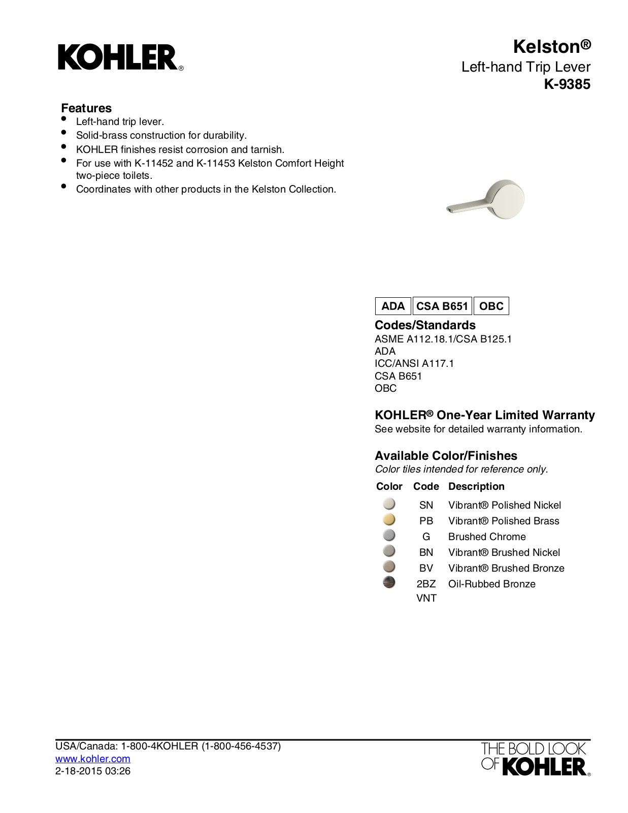 Kohler KOH15730 Specifications - ManualMachine.com