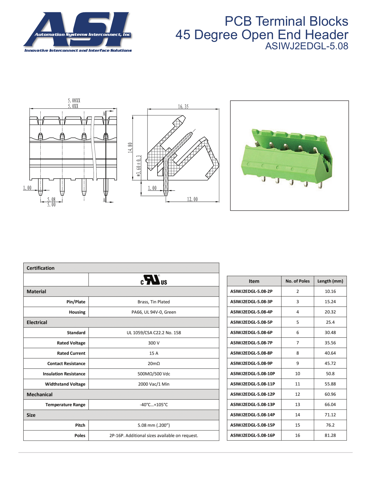 ASI-Automation Systems Interconnect ASIWJ2EDGL-5.08 Data Sheet