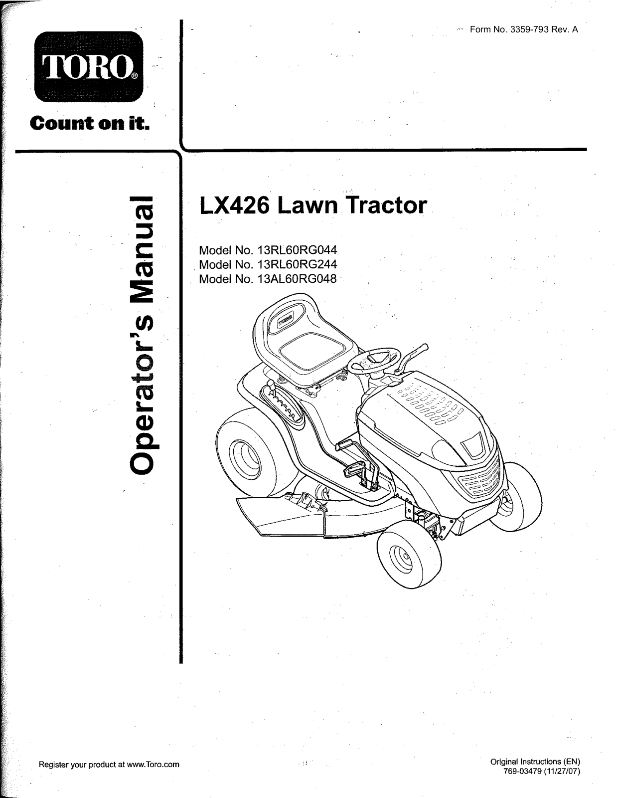 Toro 13AL60RG044, 13AL60RG048, 13RL60RG044, 13RL60RG244 Operator's Manual