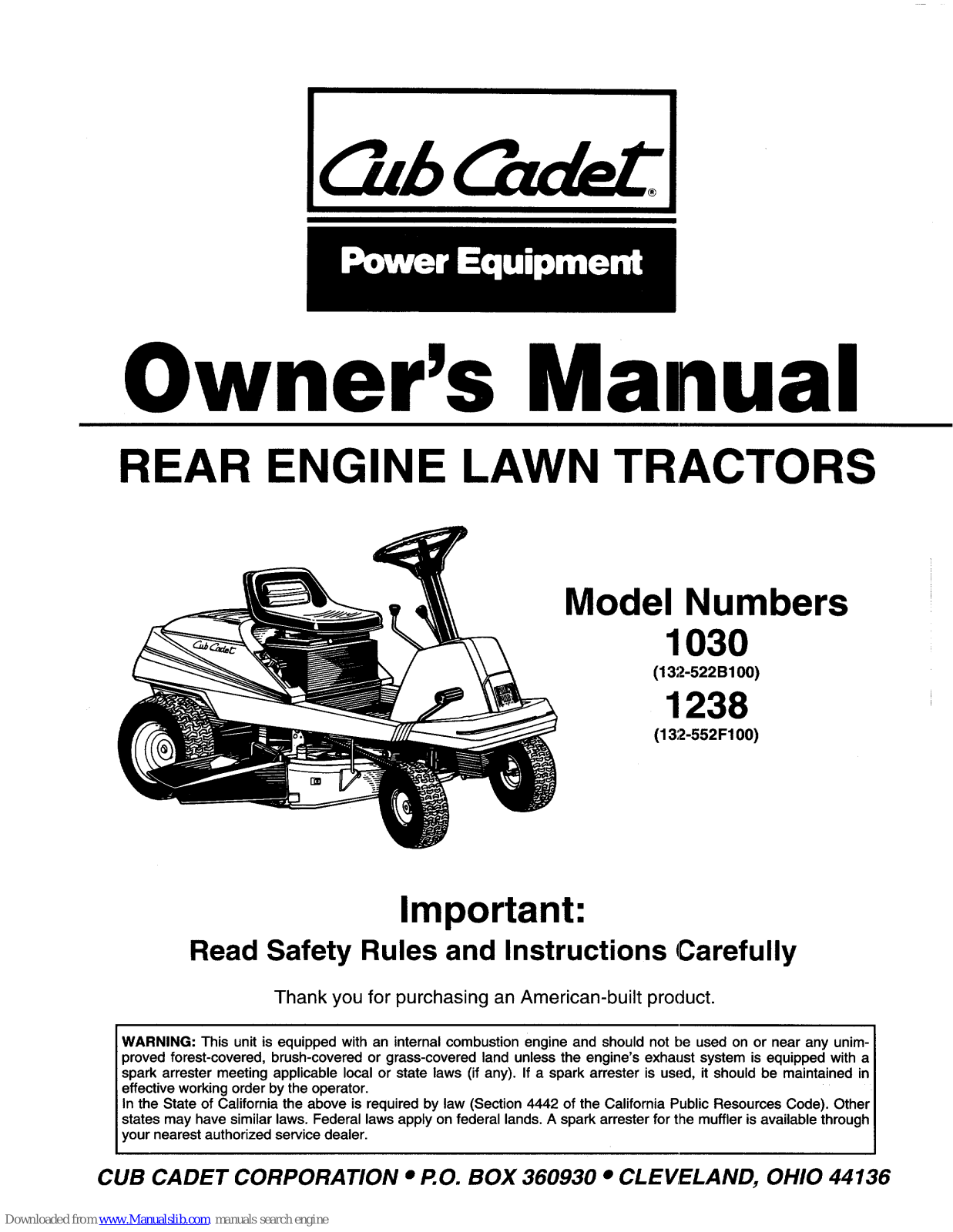 Cub Cadet 1238, 132-522B100, 132-552F100 Owner's Manual