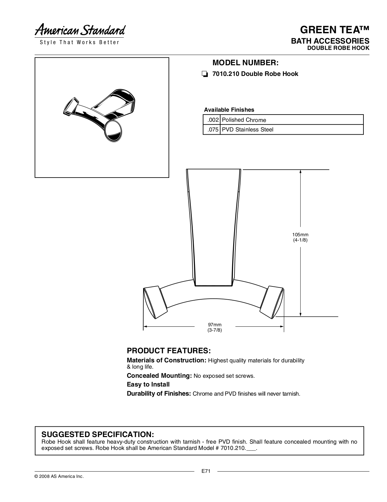 American Standard 7010.210 User Manual