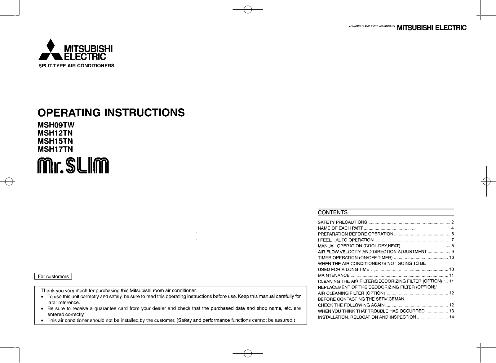 Mitsubishi Electronics MSH09TW, MSH12TN, MSH17TN, MSH15TN User Manual