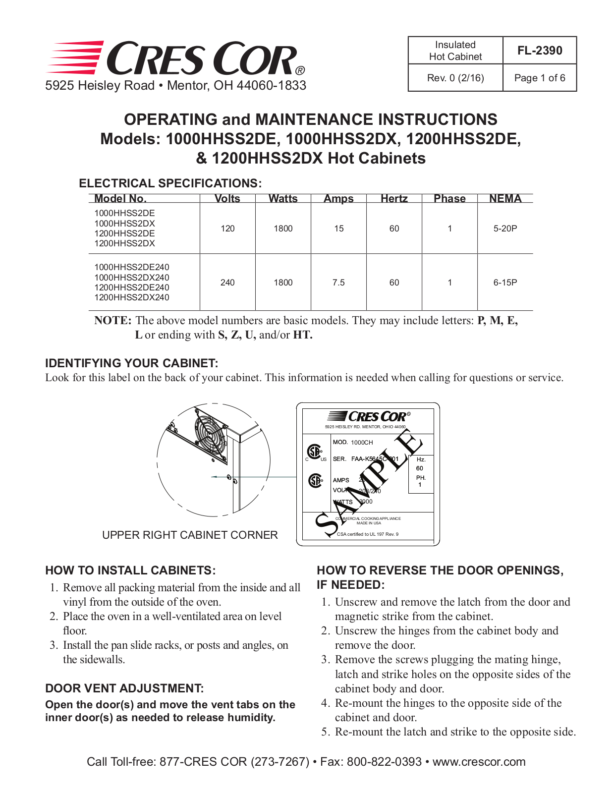 Cres Cor 1000HHSS2DE Installation  Manual