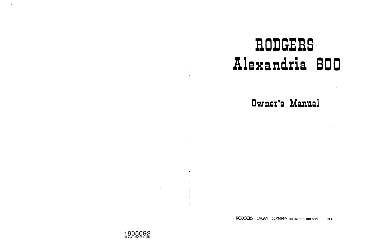 Rodgers Alexandria 800 Owners Manual